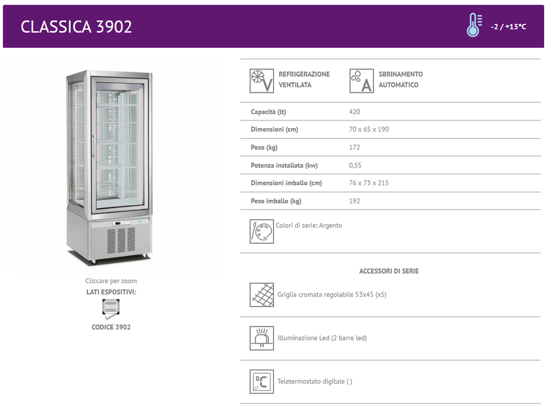 Longoni - Vetrina frigorifero CLASSICA 3902 (-2 / +15°C) Argento 70x65x190 cm