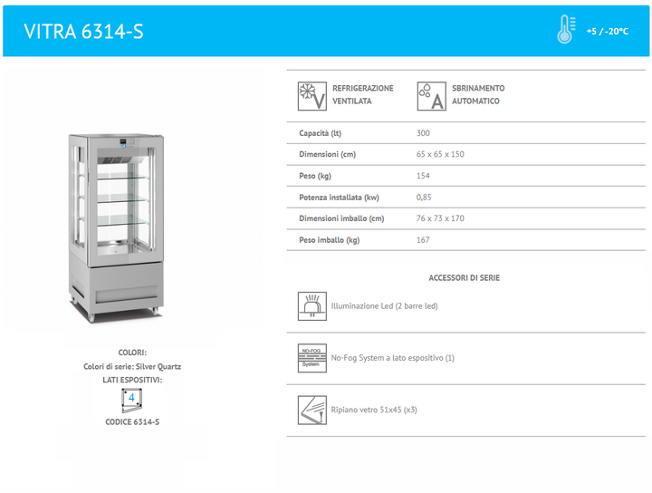 Longoni - Vetrina frigorifero VITRA 6314-S (+5 / -20°C) Argento 65x65x150 cm